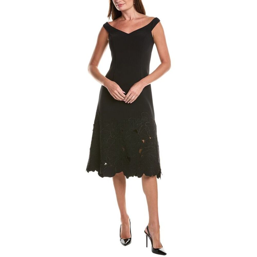 Teri Jon By Rickie Freeman Womens Ponte Flower Motif Lazer Cut Trim Midi Dress,